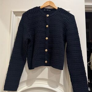 Mango Black Textured Jacket with Gold Buttons